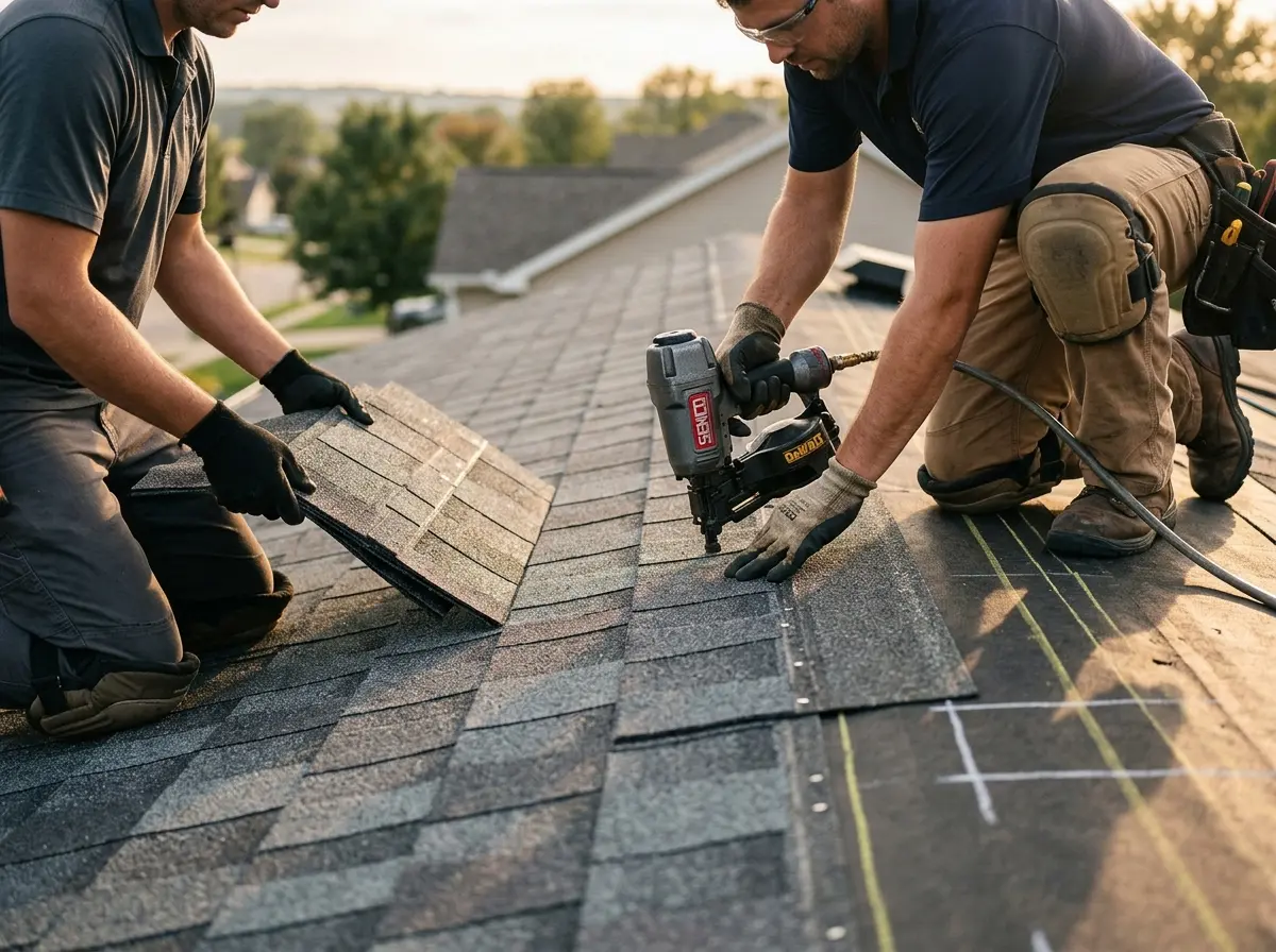 Professional roofer working on a residential roof in Candlewick Lake
